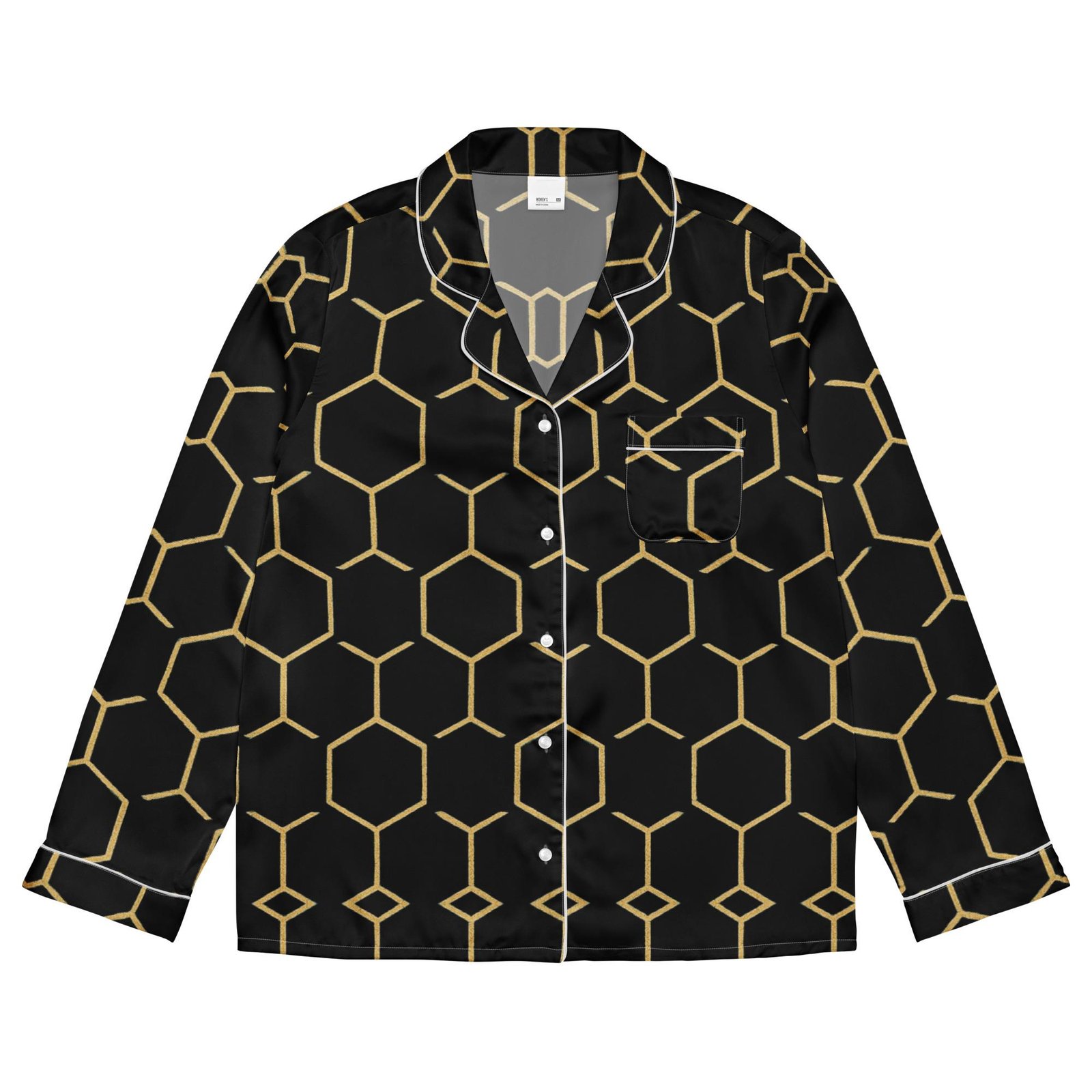 Talishén: Steel Spine Hex Pattern – Women’s long sleeve pajama top – Black & Gold