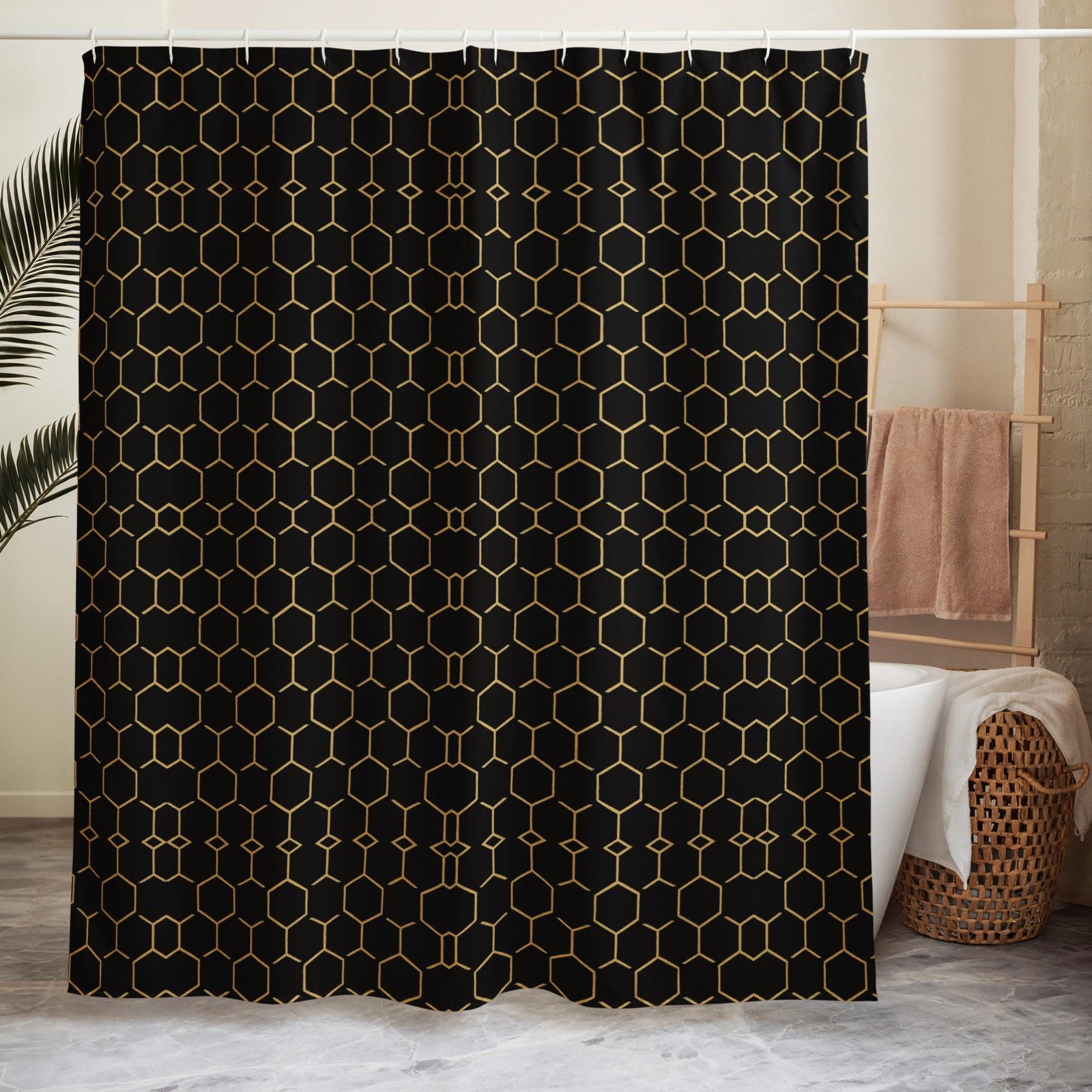 Talishén: Steel Spine Hex Pattern – Shower curtain – Black & Gold