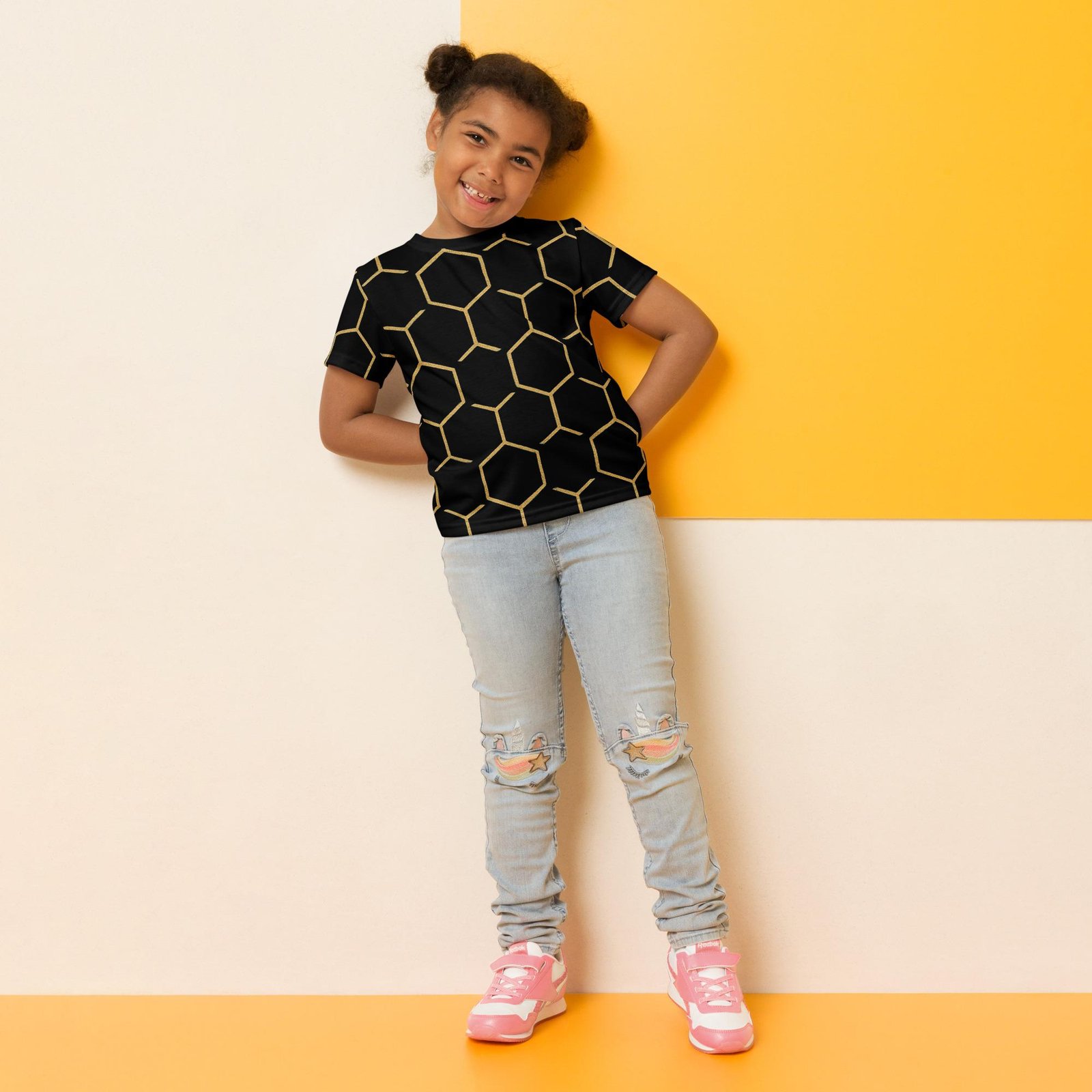 Talishén: Steel Spine Hex Pattern – Kids crew neck t-shirt – Black & Gold - Image 5