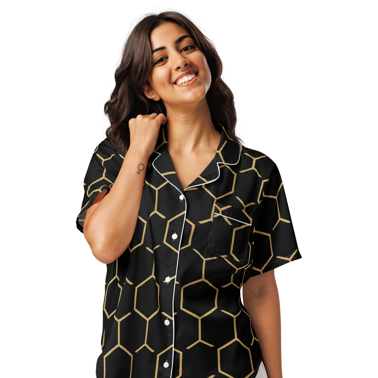 Talishén: Steel Spine Hex Pattern – Women’s short sleeve pajama top – Black & Gold - Image 3