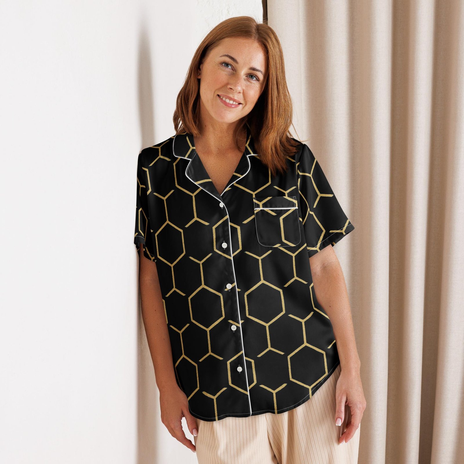 Talishén: Steel Spine Hex Pattern – Women’s short sleeve pajama top – Black & Gold - Image 2
