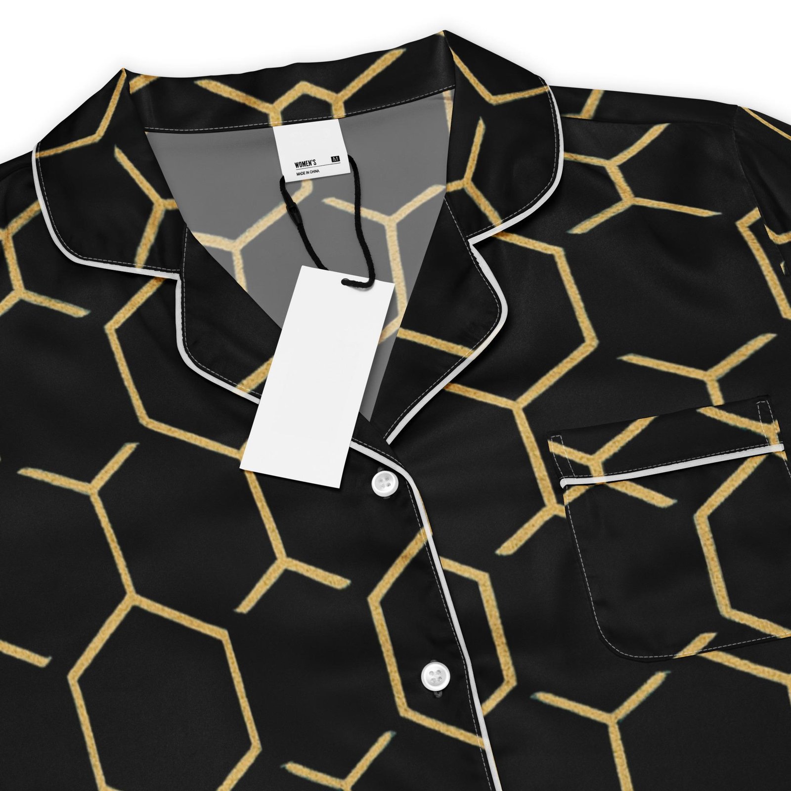 Talishén: Steel Spine Hex Pattern – Women’s short sleeve pajama top – Black & Gold - Image 4